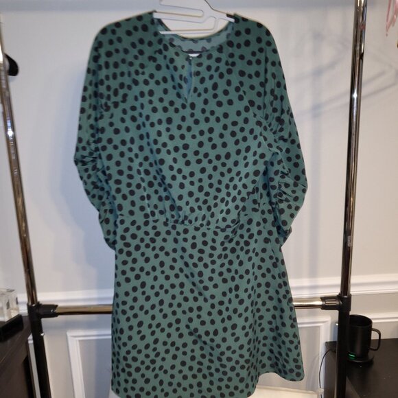 Who What Wear Dress 3/4 Shirred Sleeves Green Black Polka Dots L Whimsigoth - Picture 4 of 14